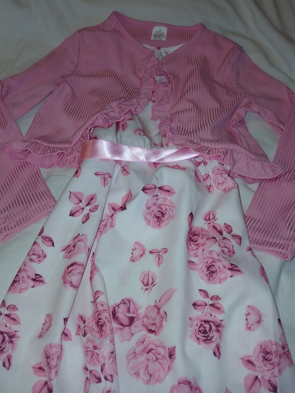 NWT Girl's Pink Floral Satin Ribbon Dress with Pink Ruffle Cardigan.